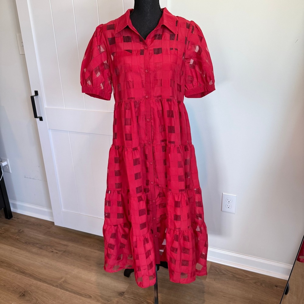 Umgee Red Checkered Tiered Midi Shirt Dress Short Puff Sleeve K6951 Large